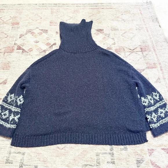 Free People Fairisle Wool Blend Sweater With High Neck Cowl Neck Blue Sz M - Picture 11 of 15
